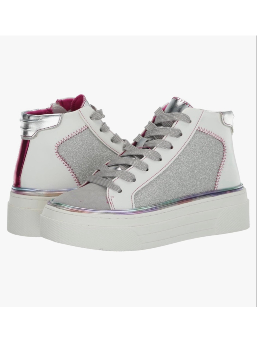 Girl’s Steve Madden JGLOSSY White Silver Rainbow Platform Sneakers 1